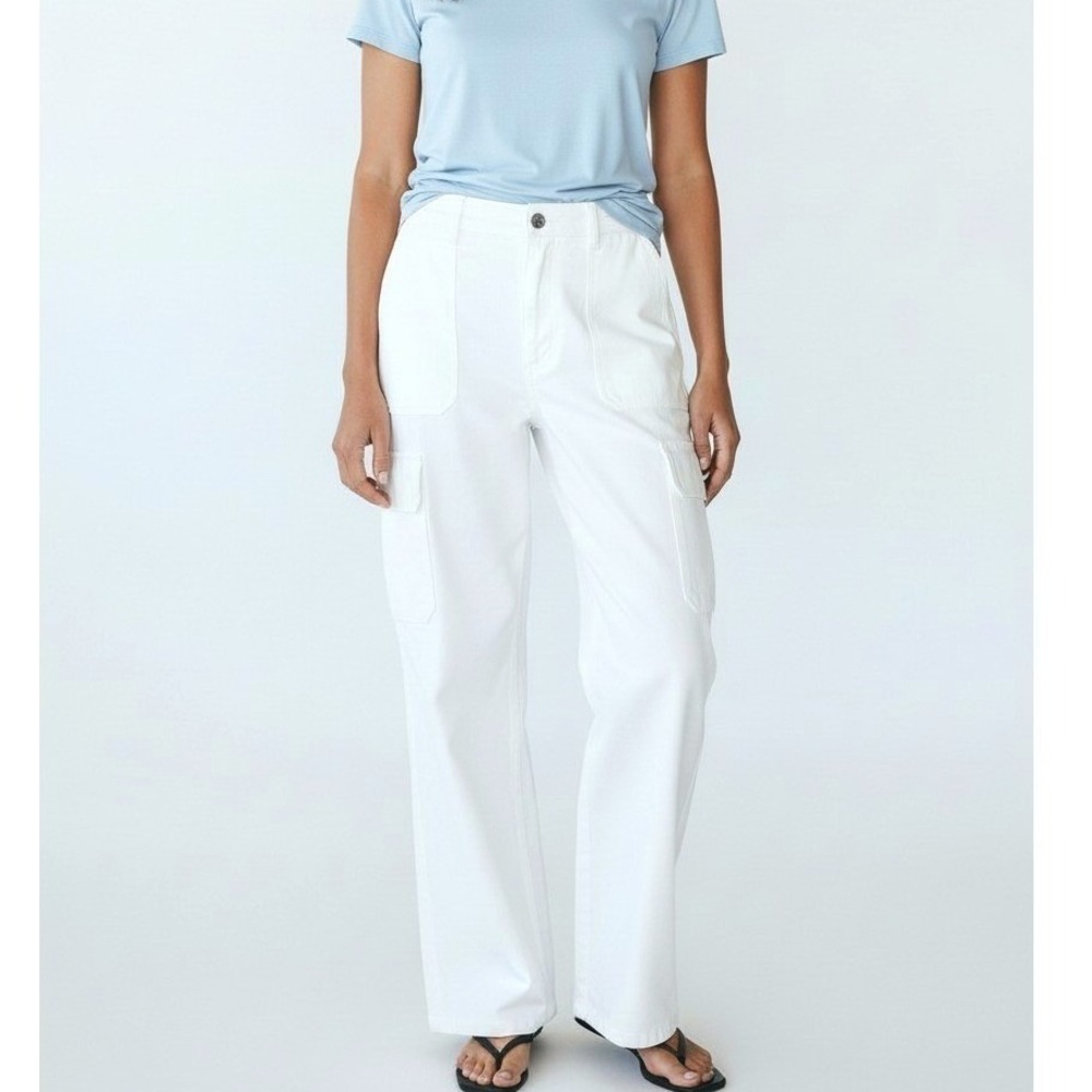 Zara High Rise Straight Cargo Pants Oyster White Sz 8 Preppy Nautical